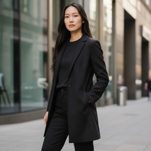 Tahari elegant black longline blazer/coat wool blend stretch size 8